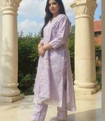 Lavender embroidered pure cotton kurta trouser dupatta set