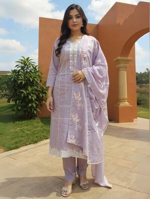 Lavender embroidered pure cotton kurta trouser dupatta set 4