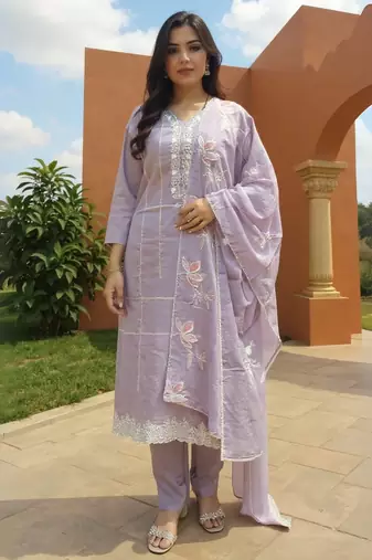 Lavender embroidered pure cotton kurta trouser dupatta set