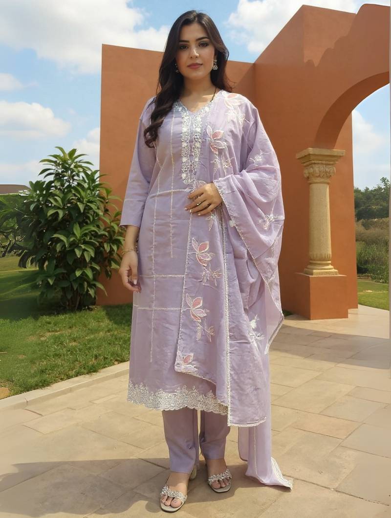 Lavender embroidered pure cotton kurta trouser dupatta set