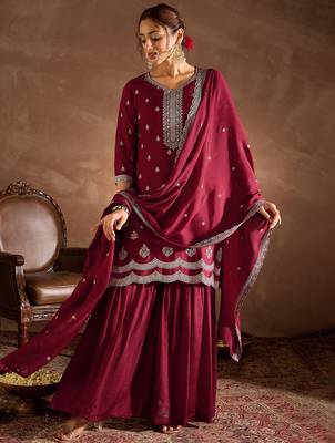 Maroon embroidered silk blend kurta trouser dupatta set 1