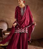 Maroon embroidered silk blend kurta trouser dupatta set