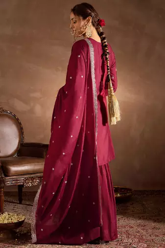 Maroon embroidered silk blend kurta trouser dupatta set