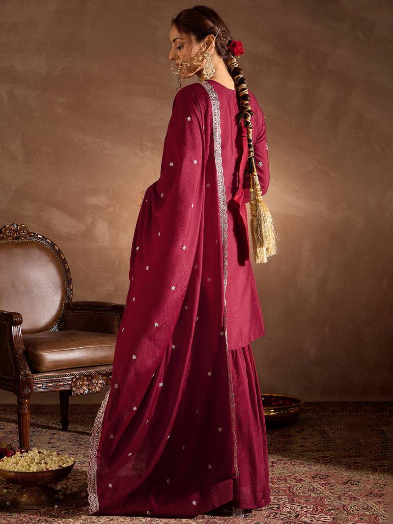 Maroon embroidered silk blend kurta trouser dupatta set