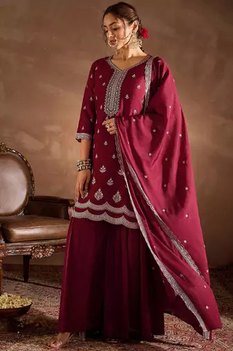 Maroon embroidered silk blend kurta trouser dupatta set