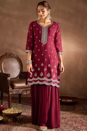Maroon embroidered silk blend kurta trouser dupatta set