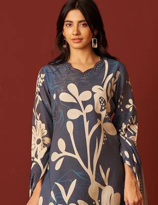 Blue printed silk blend kurta trouser dupatta set 1