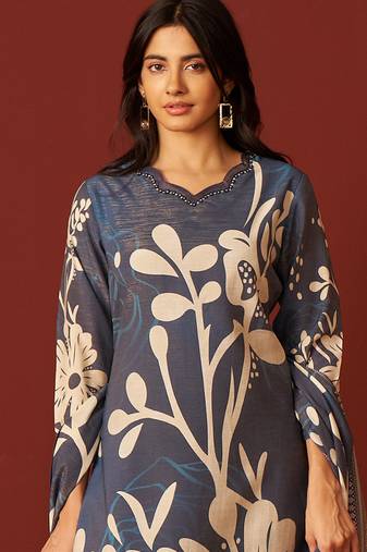 Blue printed silk blend kurta trouser dupatta set