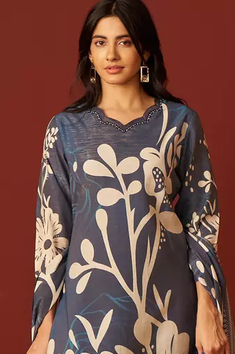 Blue printed silk blend kurta trouser dupatta set