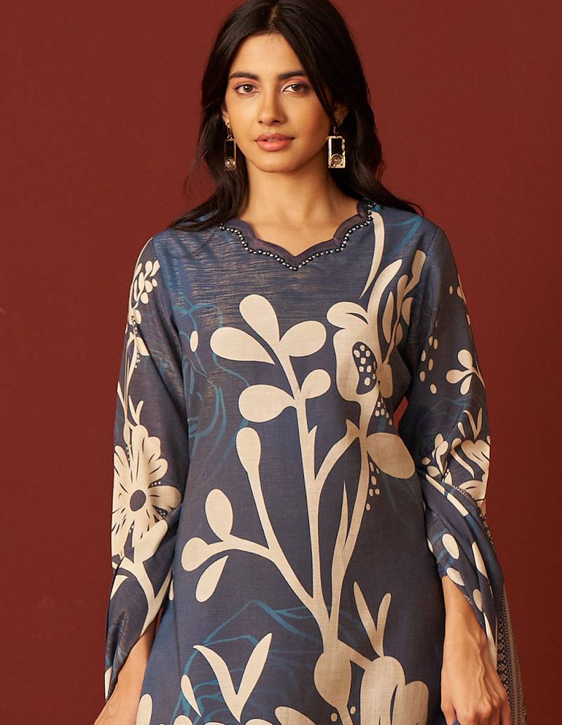 Blue printed silk blend kurta trouser dupatta set