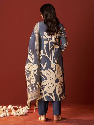 Blue printed silk blend kurta trouser dupatta set 2