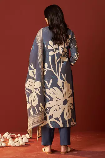 Blue printed silk blend kurta trouser dupatta set