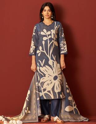 Blue printed silk blend kurta trouser dupatta set 3