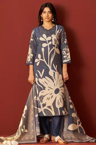 Blue printed silk blend kurta trouser dupatta set