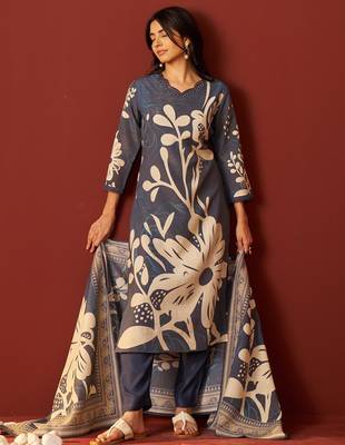 Blue printed silk blend kurta trouser dupatta set 4
