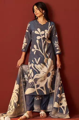 Blue printed silk blend kurta trouser dupatta set