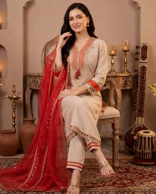 Cream embroidered silk blend kurta trouser dupatta set 1