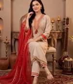 Cream embroidered silk blend kurta trouser dupatta set