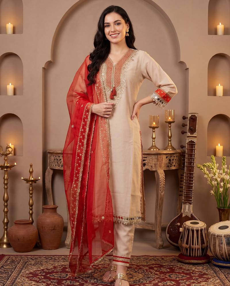 Cream embroidered silk blend kurta trouser dupatta set