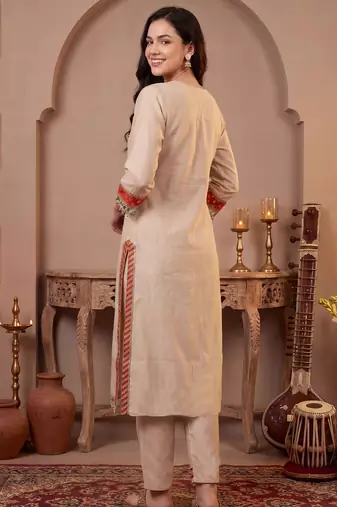 Cream embroidered silk blend kurta trouser dupatta set