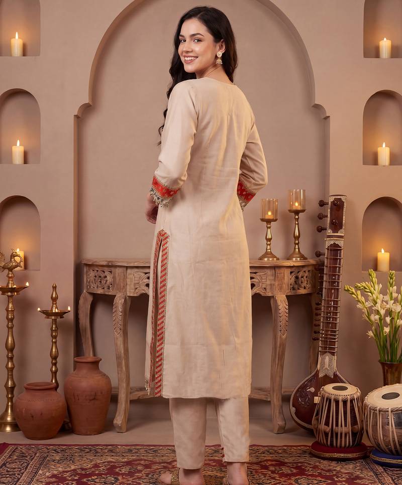 Cream embroidered silk blend kurta trouser dupatta set