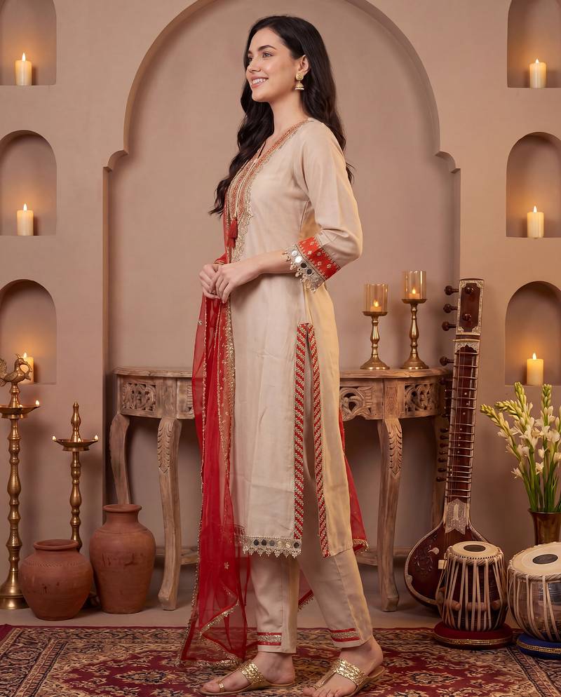 Cream embroidered silk blend kurta trouser dupatta set