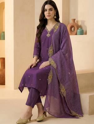 Purple embroidered silk blend kurta trouser dupatta set 1