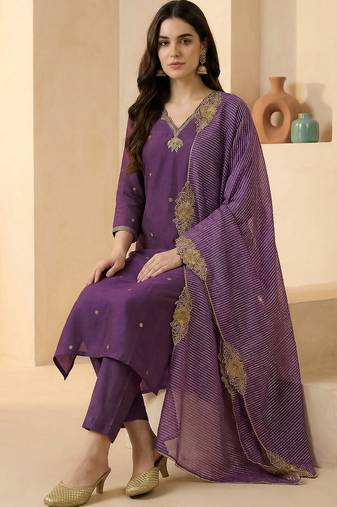 Purple embroidered silk blend kurta trouser dupatta set