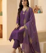 Purple embroidered silk blend kurta trouser dupatta set