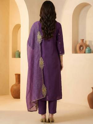 Purple embroidered silk blend kurta trouser dupatta set 2