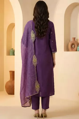 Purple embroidered silk blend kurta trouser dupatta set