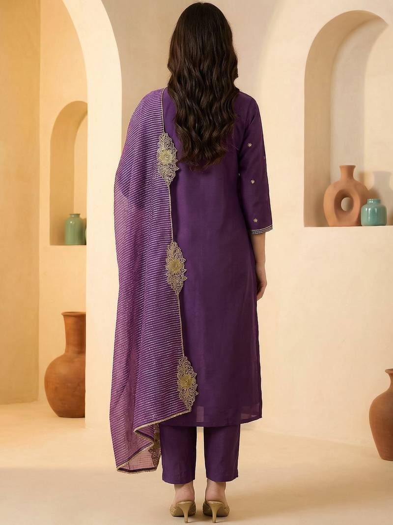 Purple embroidered silk blend kurta trouser dupatta set
