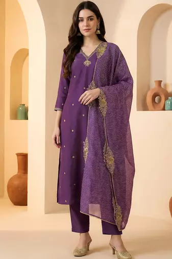 Purple embroidered silk blend kurta trouser dupatta set