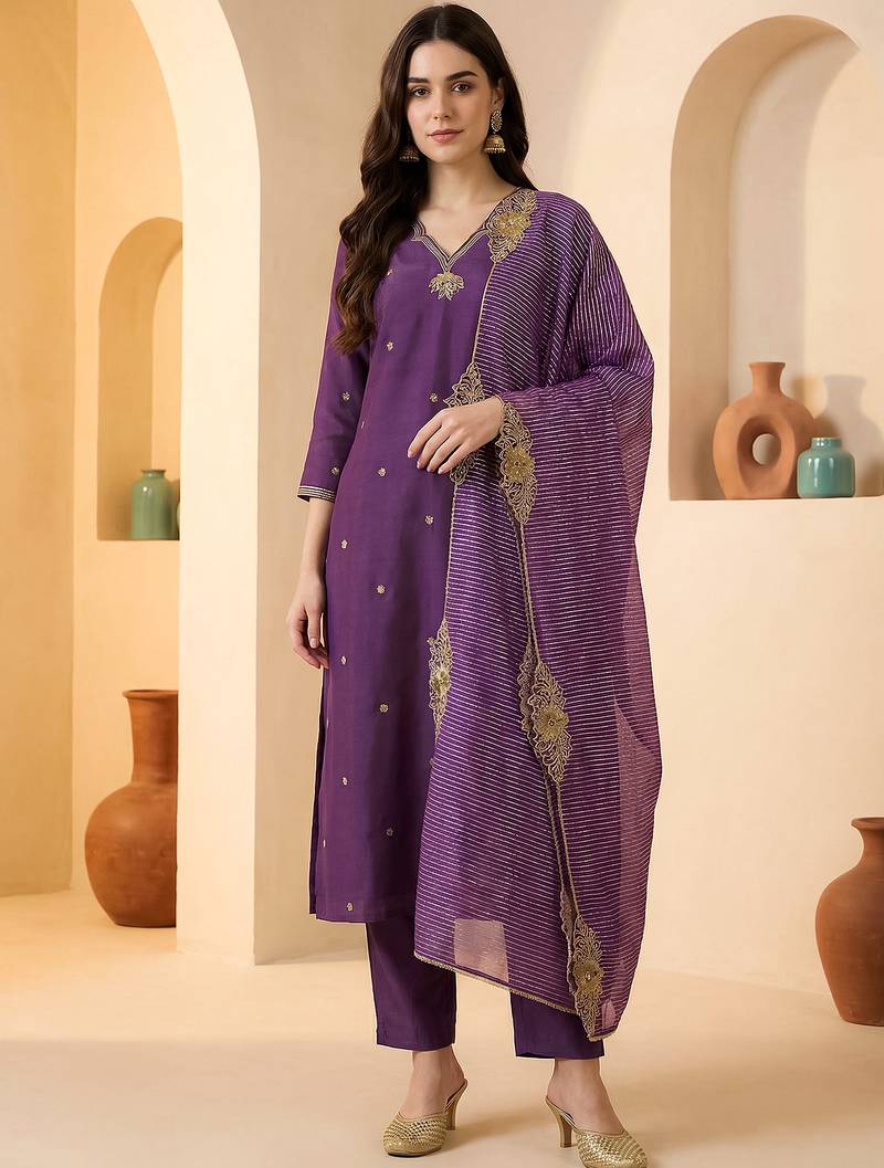 Purple embroidered silk blend kurta trouser dupatta set