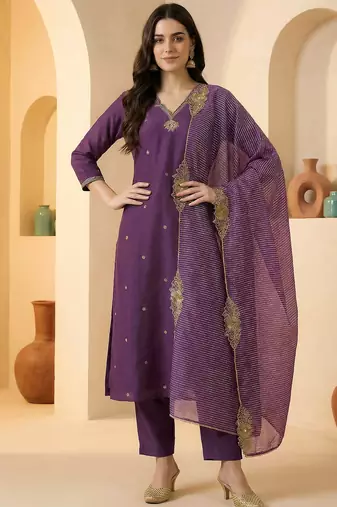 Purple embroidered silk blend kurta trouser dupatta set