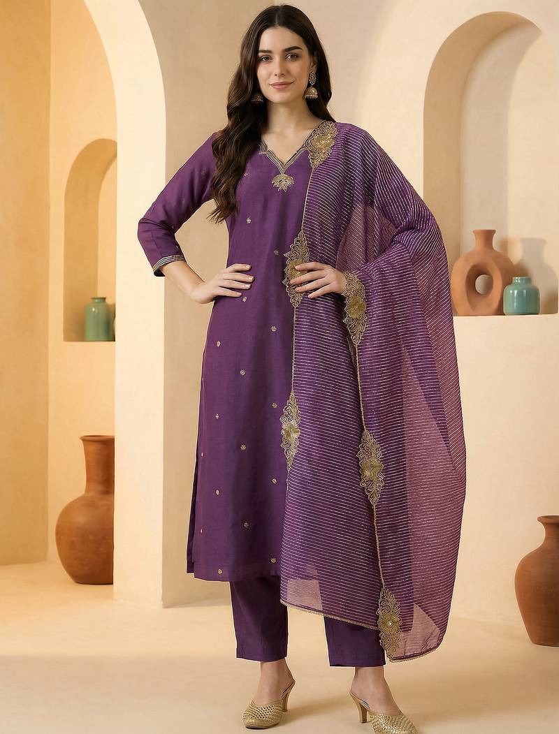 Purple embroidered silk blend kurta trouser dupatta set