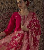 Pink embroidered silk blend kurta trouser dupatta set