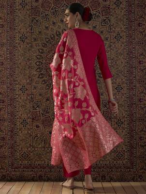 Pink embroidered silk blend kurta trouser dupatta set 2