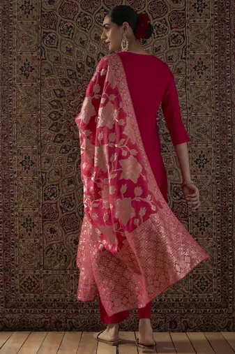 Pink embroidered silk blend kurta trouser dupatta set