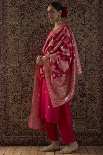 Pink embroidered silk blend kurta trouser dupatta set