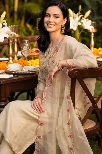 Off white embroidered liva kurta trouser dupatta set