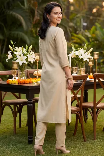 Off white embroidered liva kurta trouser dupatta set