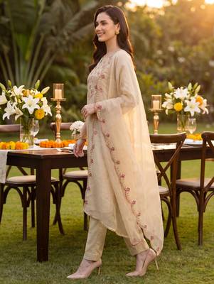 Off white embroidered liva kurta trouser dupatta set 4