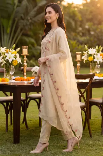 Off white embroidered liva kurta trouser dupatta set