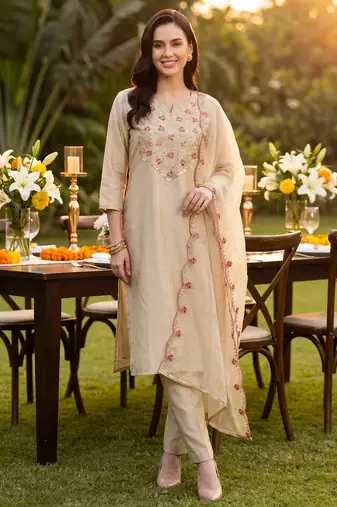 Off white embroidered liva kurta trouser dupatta set