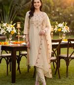 Off white embroidered liva kurta trouser dupatta set