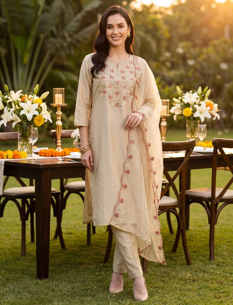 Off white embroidered liva kurta trouser dupatta set