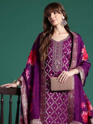 Purple embroidered silk blend kurta trouser dupatta set 1