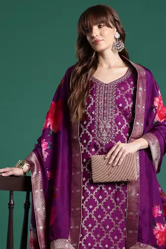 Purple embroidered silk blend kurta trouser dupatta set