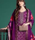 Purple embroidered silk blend kurta trouser dupatta set